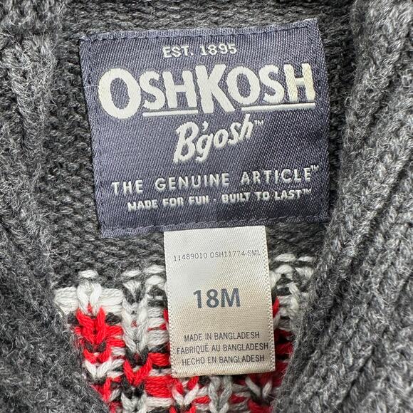 OshKosh Boys Cardigan 18M Sweater Gray Fair Isle Winter Cottagecore Preppy - Picture 2 of 6